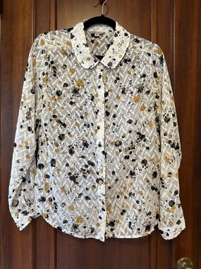 White Printed Long-Sleeve Button Front Blouse with Black and Gold Dots